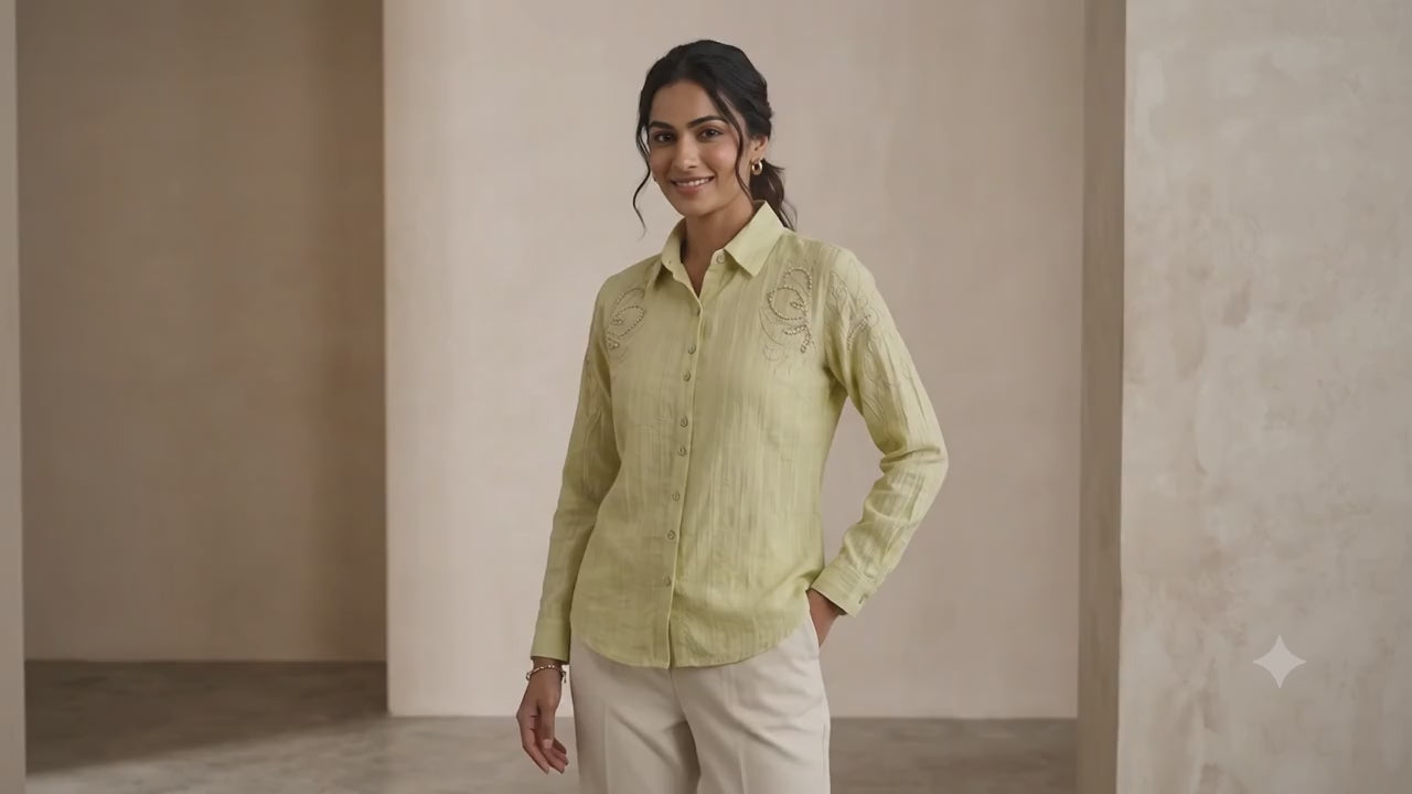Pastel Yellow Embroidered Linen-Blend Shirt | Elegant Casual Top