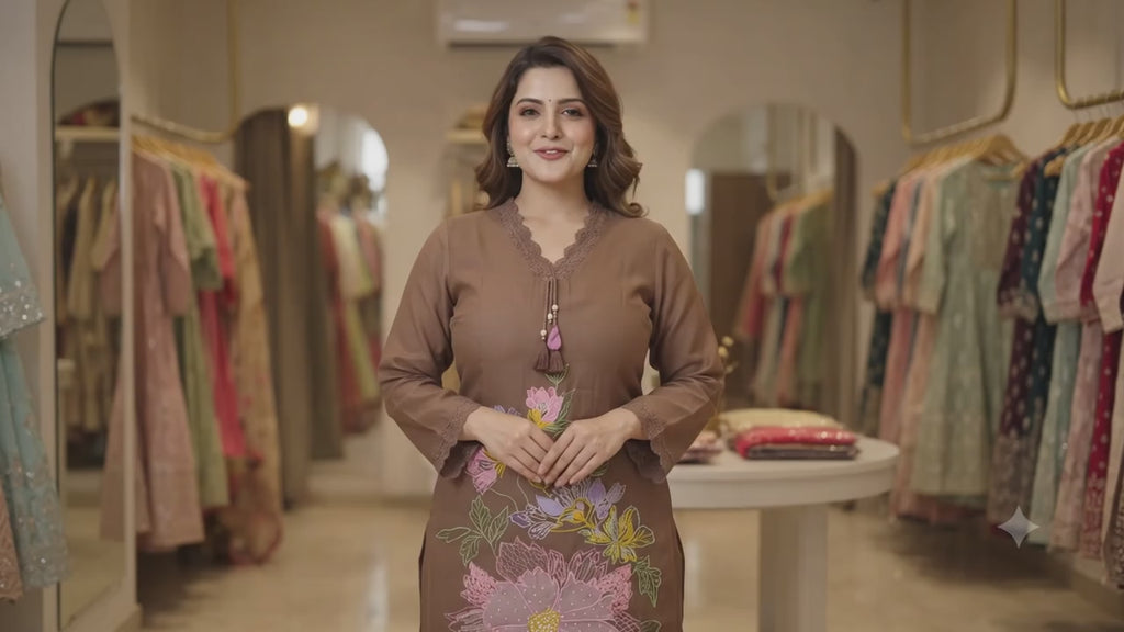 Elegant Brown Floral Embroidered Kurti Set