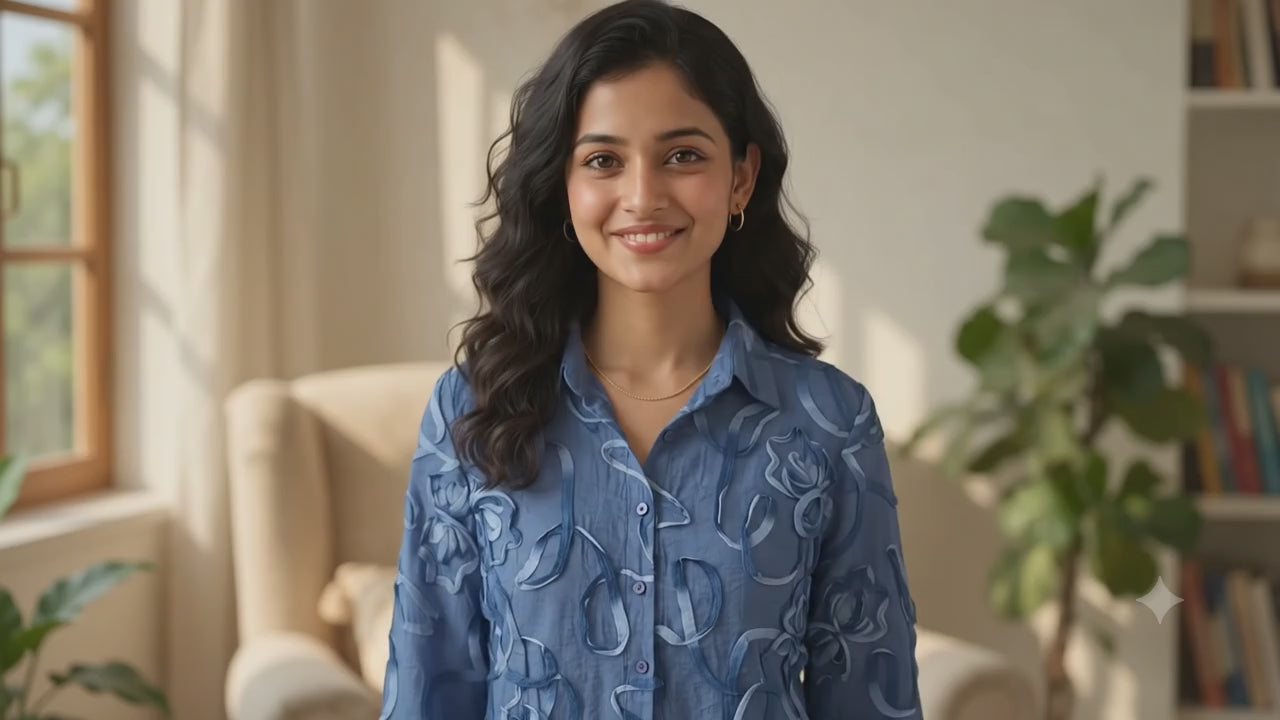 Olecuzi Blue Textured Floral Appliqué Button-Down Shirt