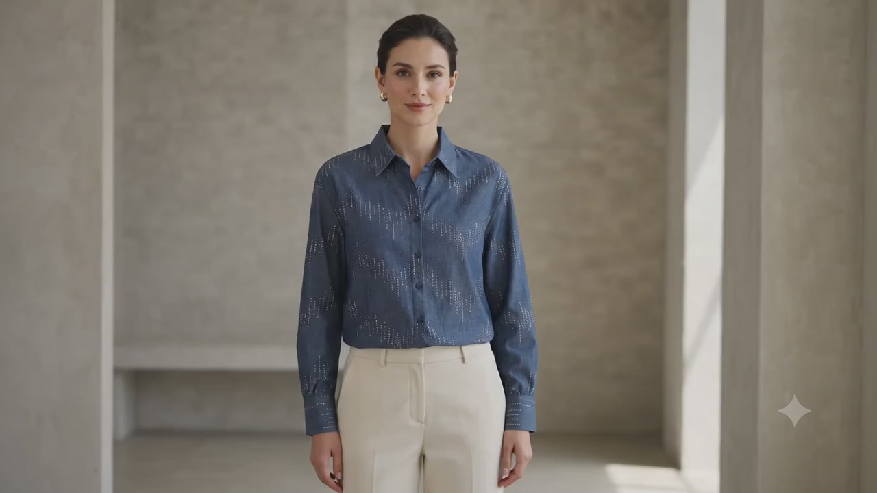 Women's Blue Embellished Denim-Look Shirt