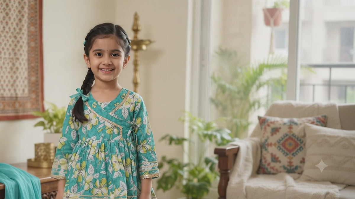 Kids Floral Print Peplum Kurta with Sharara and Dupatta Set