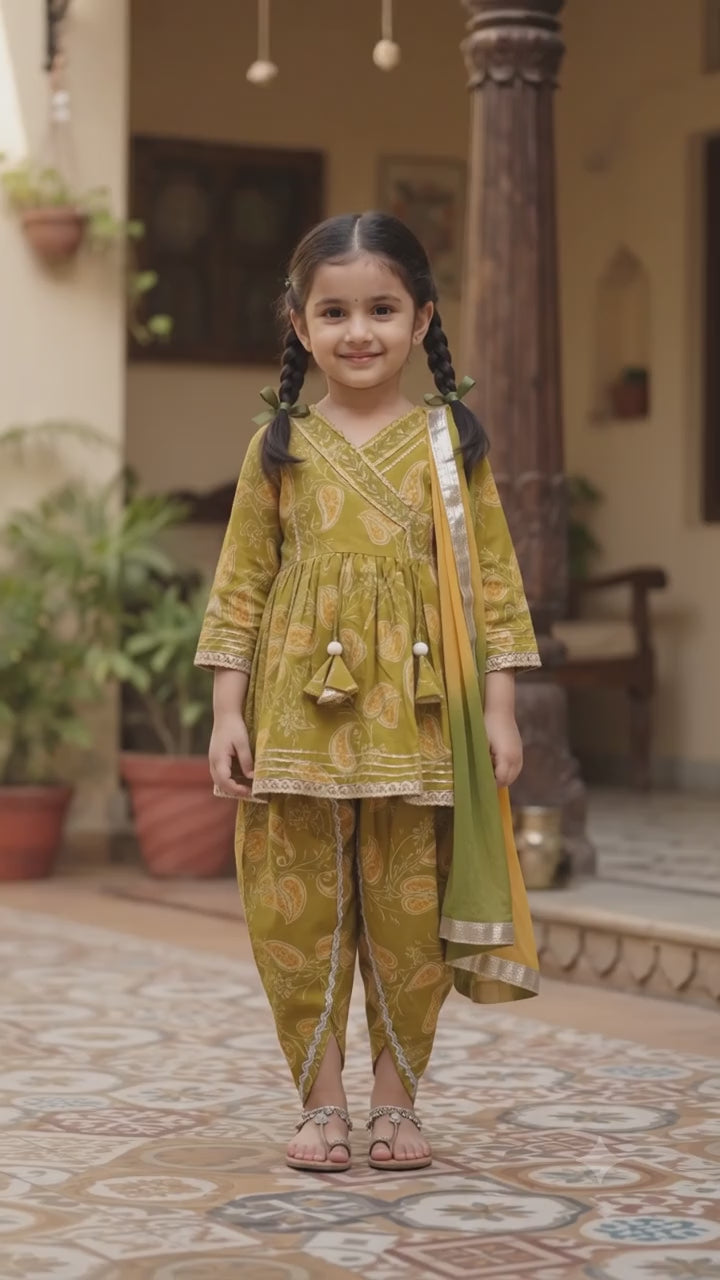Olecuzi Kids Mustard Paisley Printed Angrakha Kurti with Dhoti Pants and Dupatta Set