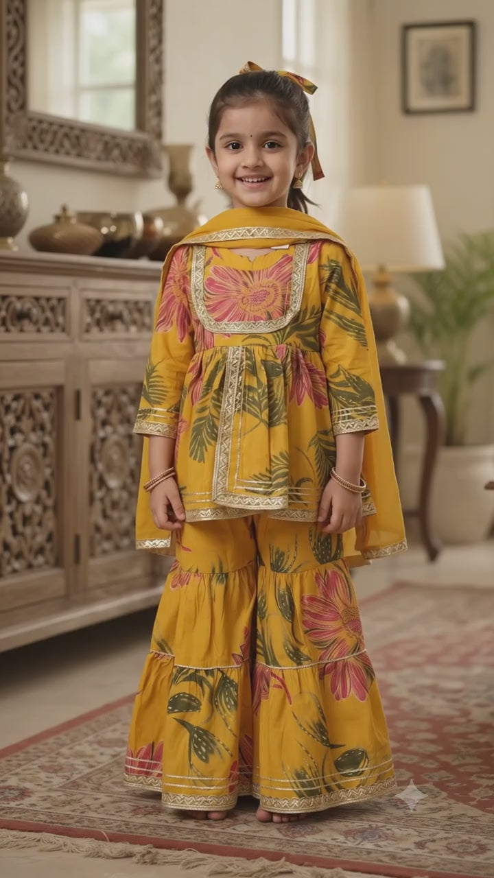 Olecuzi Vibrant Yellow Floral Print Peplum Kurti with Sharara and Dupatta Set