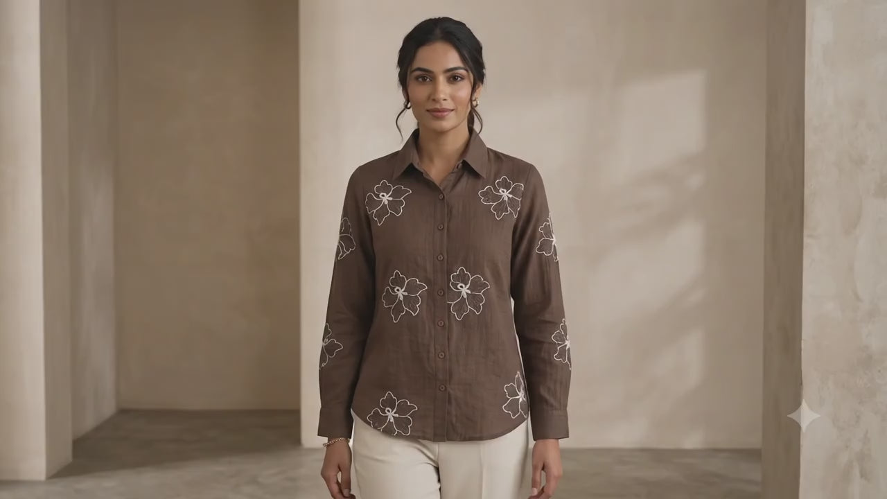Earthy Brown Floral Embroidered Linen-Blend Shirt | Chic Casual Top