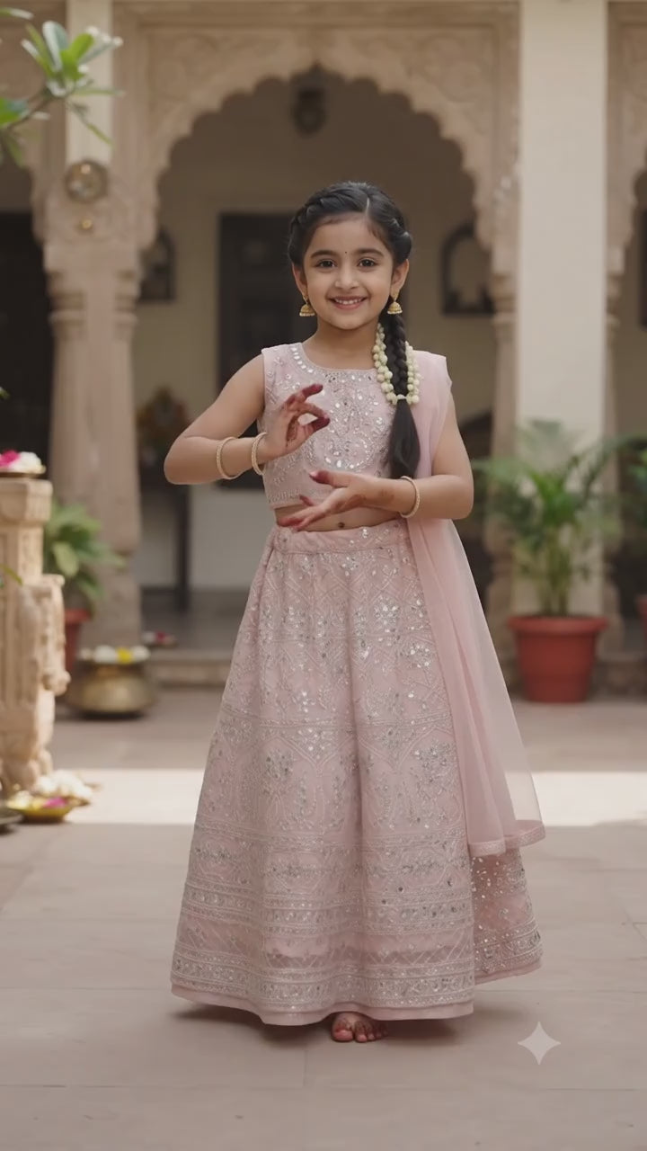 Kids Pink Net Mirror Work Lehenga Choli | Designer Festive Wear