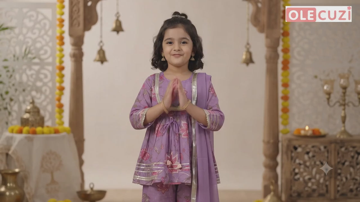 Lavender Floral Print Peplum Kurta & Sharara Set with Dupatta