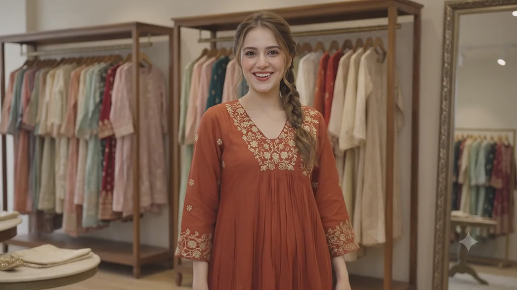 Rust-Orange Embroidered Anarkali Kurti Set with Dupatta