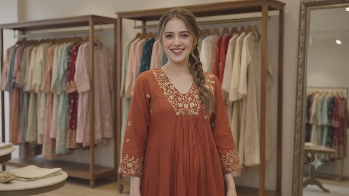 Rust-Orange Embroidered Anarkali Kurti Set with Dupatta
