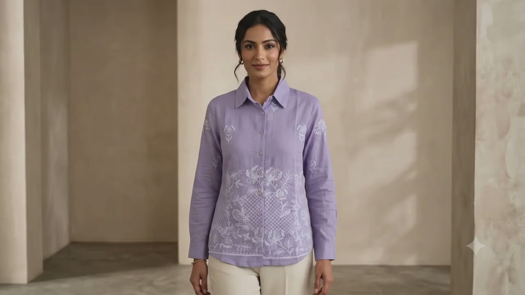 Lavender Floral Embroidered Linen-Blend Shirt | Chic Pastel Top