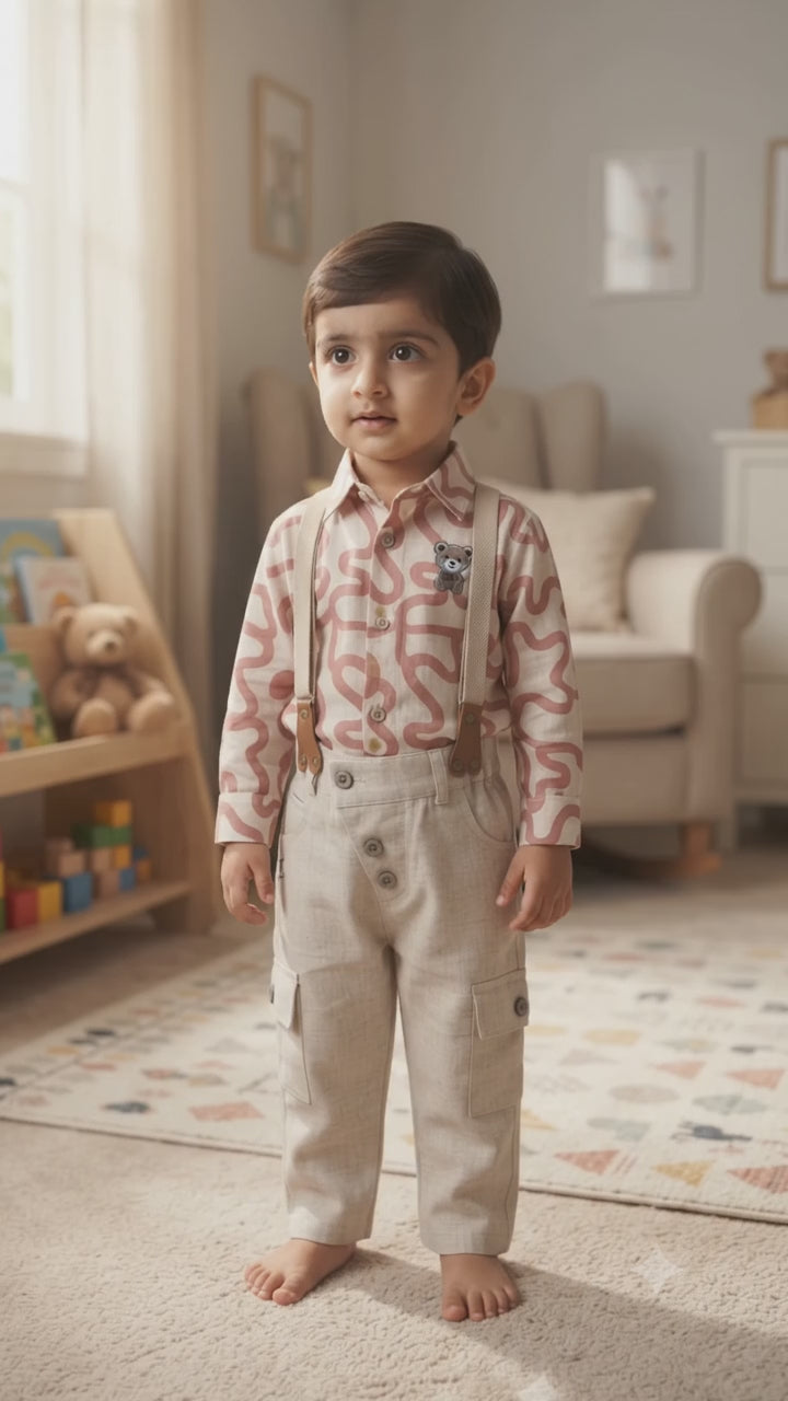 Toddler Printed Shirt, Cargo Pants & Suspenders Set - 6538
