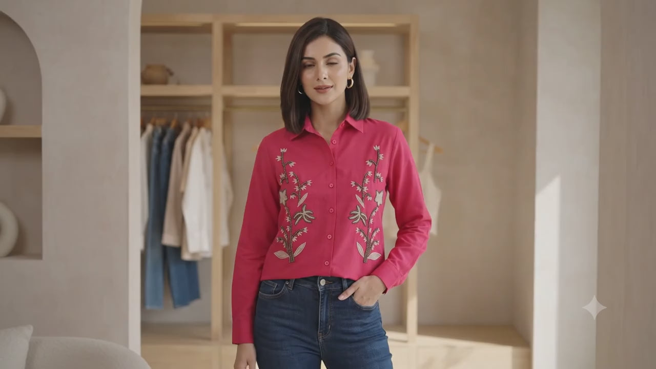 Pink Floral Embroidered Button-Down Shirt for Women | Olecuzi