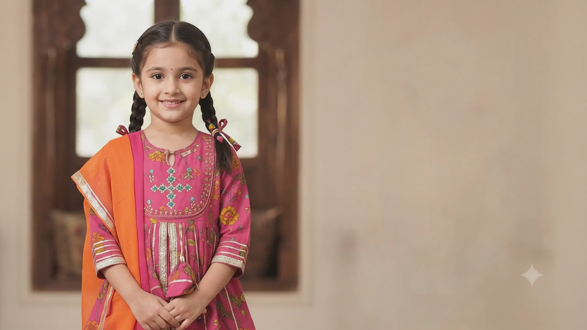 Olecuzi Kids Pink Floral Print Sharara Set with Orange Dupatta