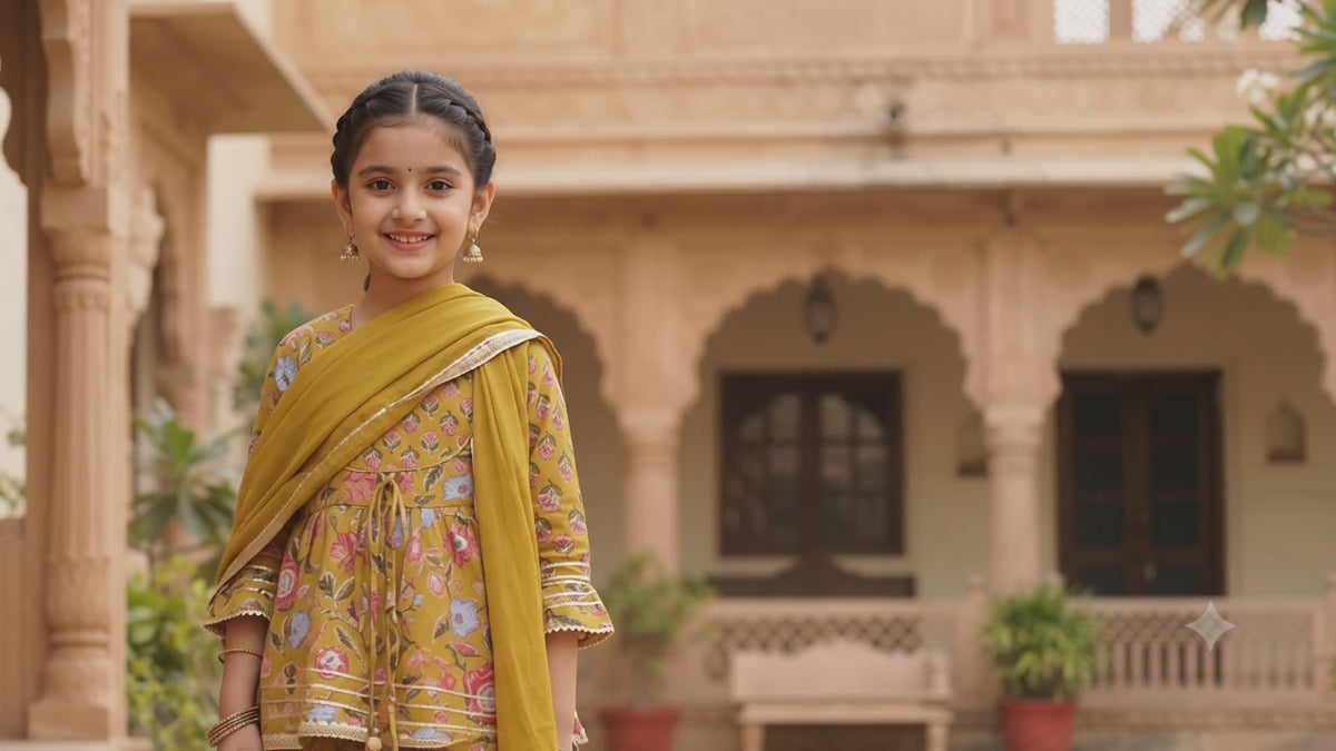 Mustard Floral Peplum Sharara Set for Girls