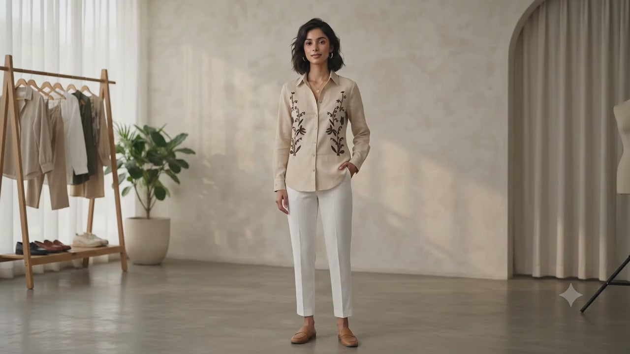 Women's Beige Embroidered Linen Shirt