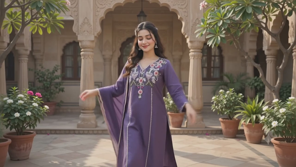 Elegant Purple Embroidered Kurti Set with Dupatta | Olecuzi