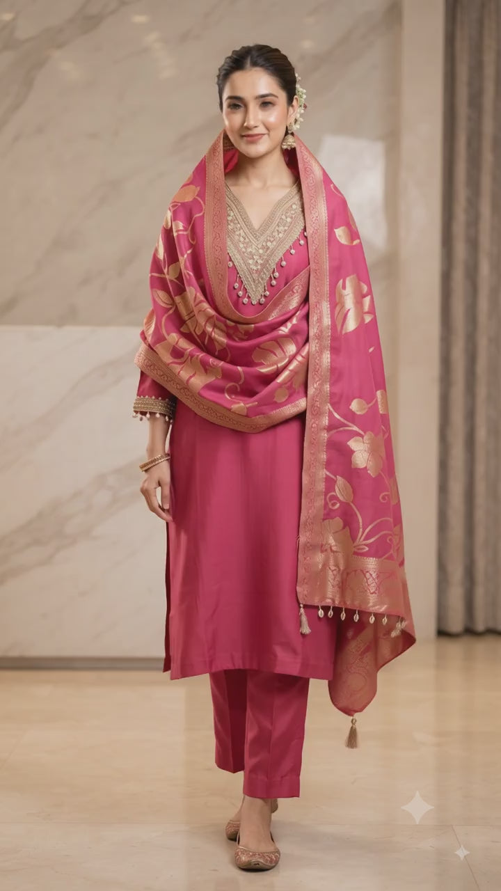Elegant Rani Pink Banarasi Jacquard Suit Set