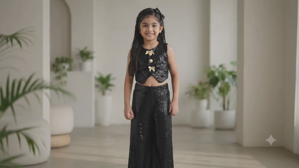 Black Sequin Crop Vest & Wide-Leg Trousers Co-Ord Set for Girls