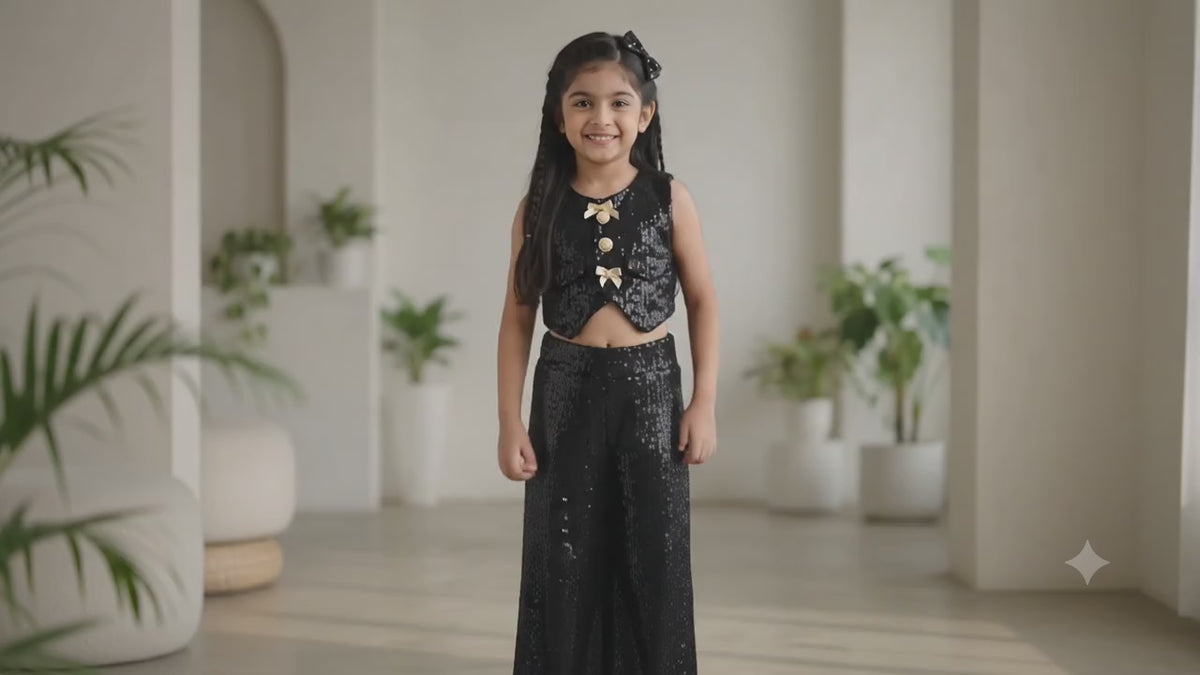 Black Sequin Crop Vest & Wide-Leg Trousers Co-Ord Set for Girls